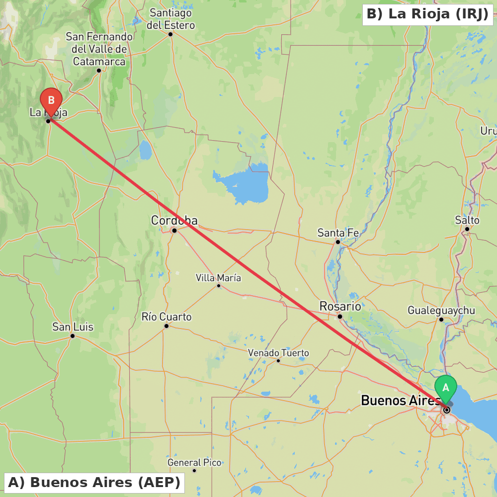 Flight route map from Buenos Aires to La Rioja