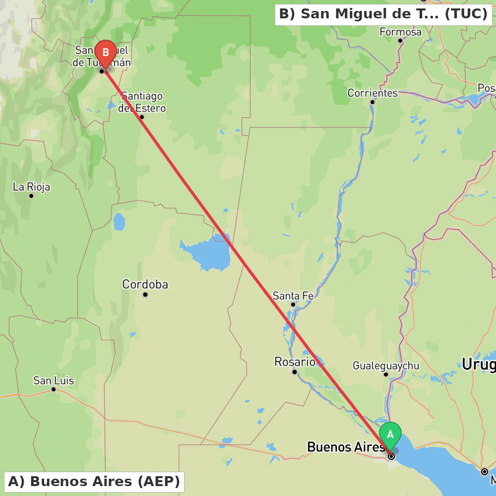 Flight route map from Buenos Aires to San Miguel de Tucumán
