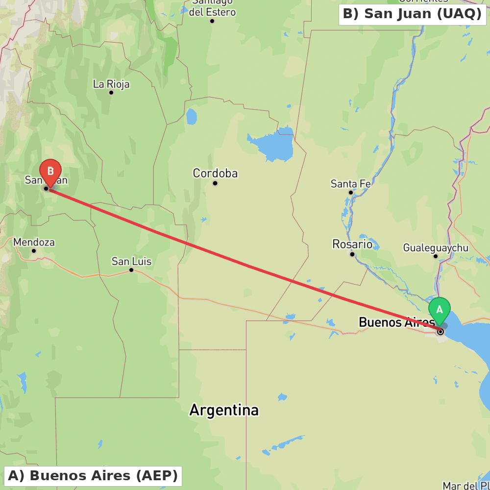 Flight route map from Buenos Aires to San Juan