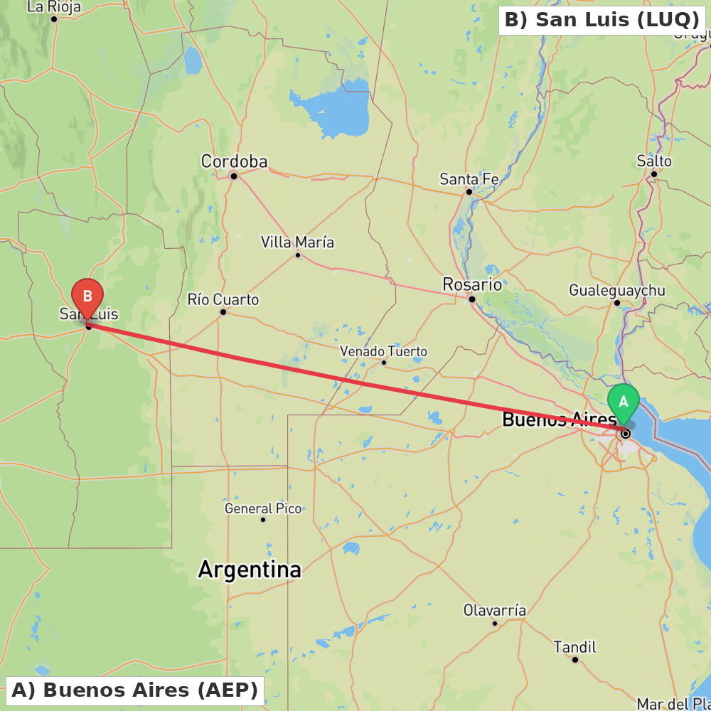 Flight route map from Buenos Aires to San Luis