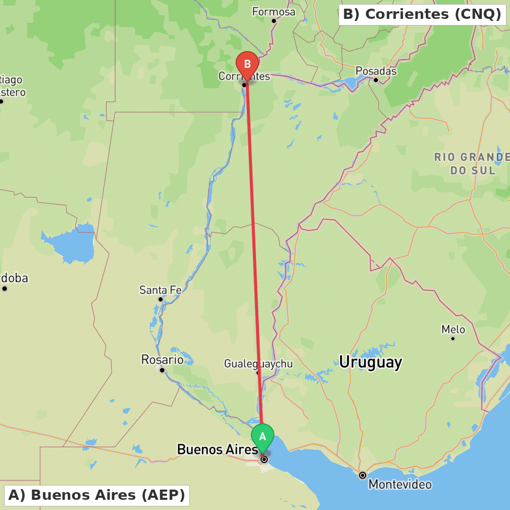 Flight route map from Buenos Aires to Corrientes