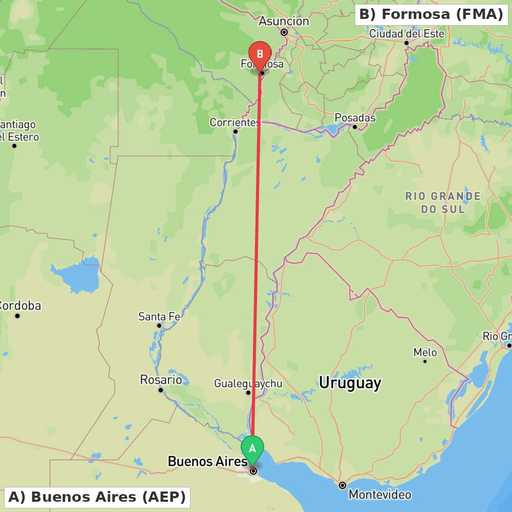 Flight route map from Buenos Aires to Formosa