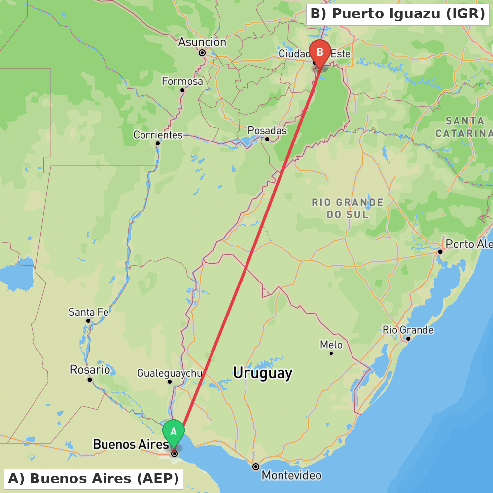 Flight route map from Buenos Aires to Puerto Iguazu