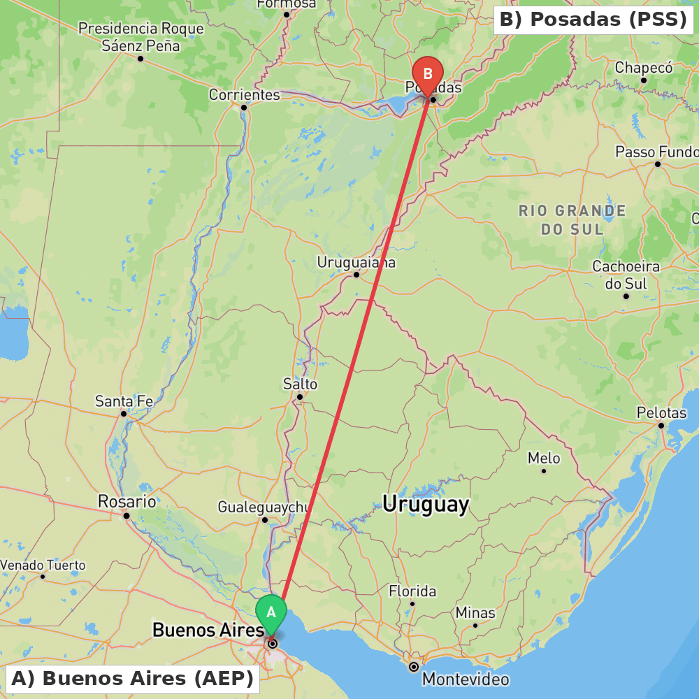 Flight route map from Buenos Aires to Posadas