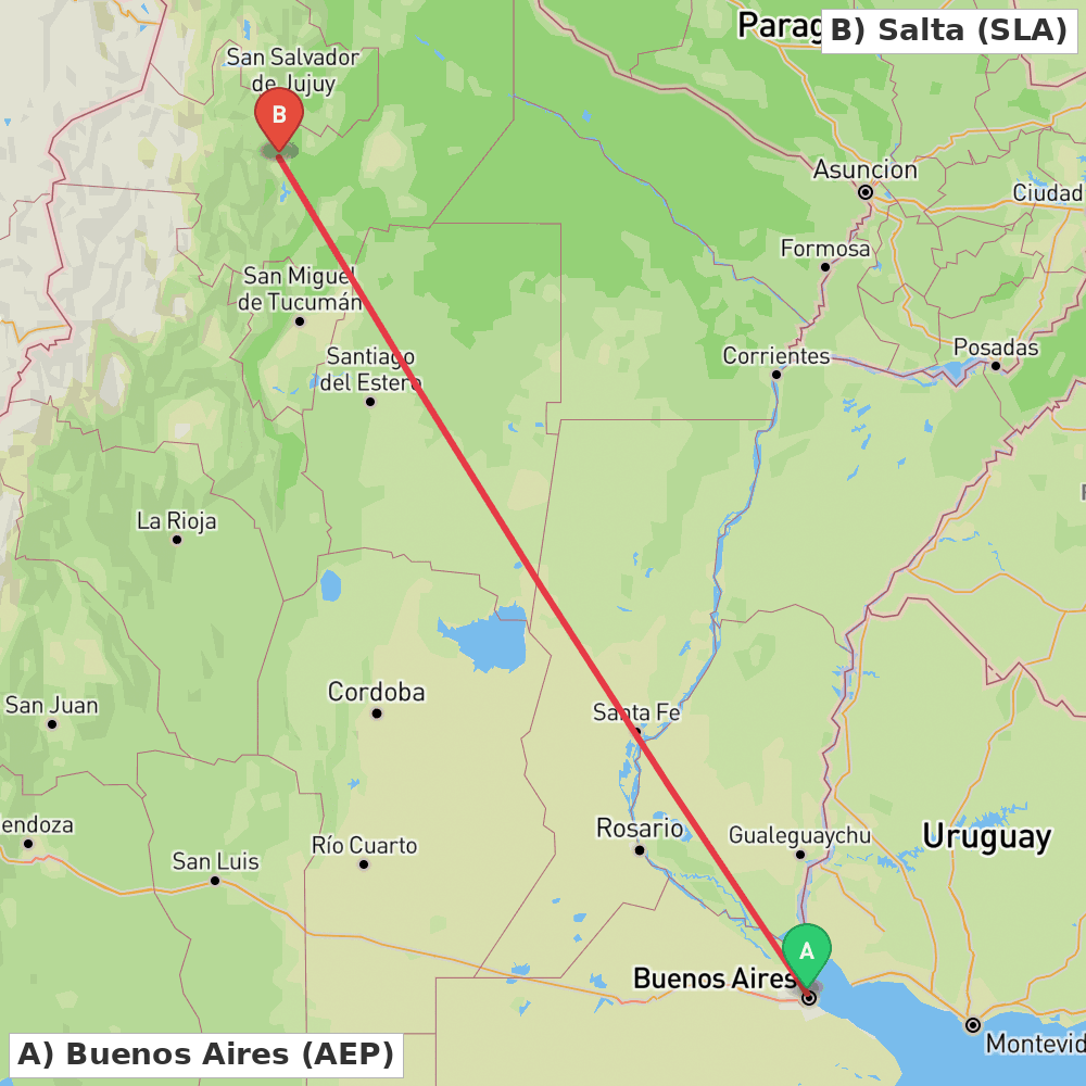 Flight route map from Buenos Aires to Salta