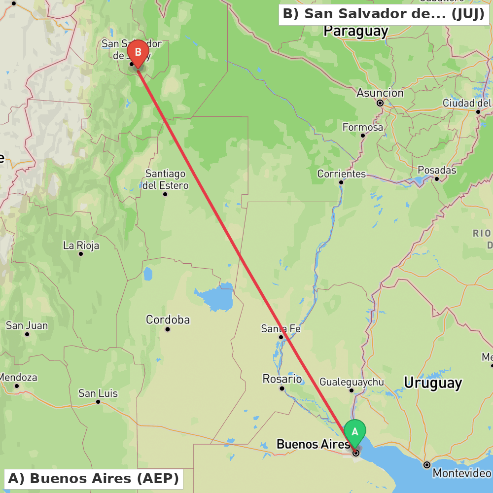 Flight route map from Buenos Aires to San Salvador de Jujuy