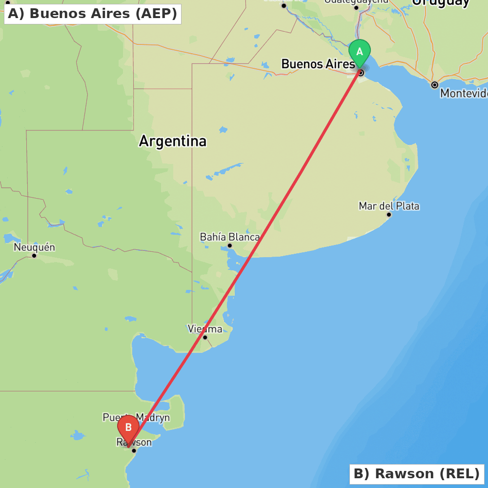 Flight route map from Buenos Aires to Rawson