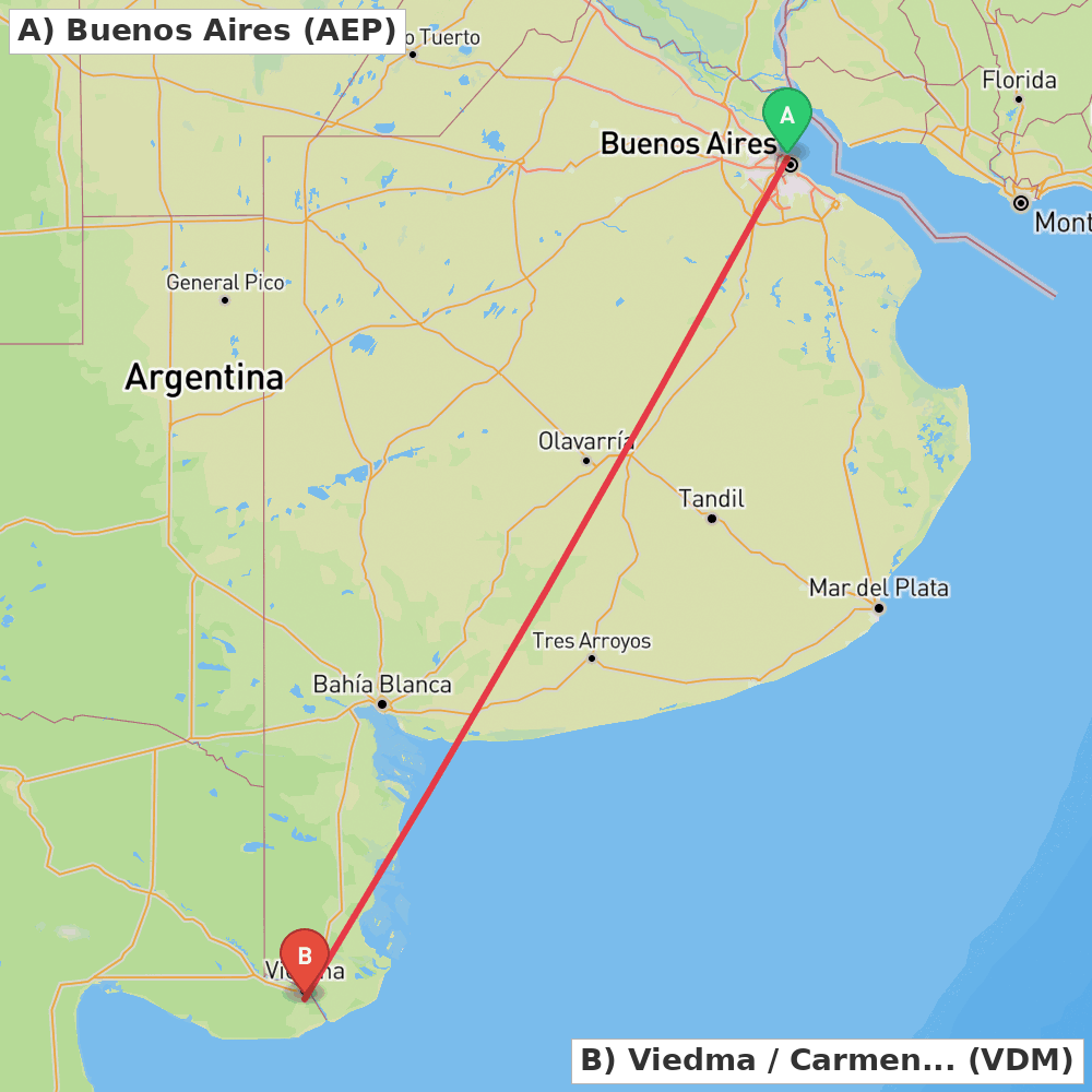 Flight route map from Buenos Aires to Viedma / Carmen de Patagones