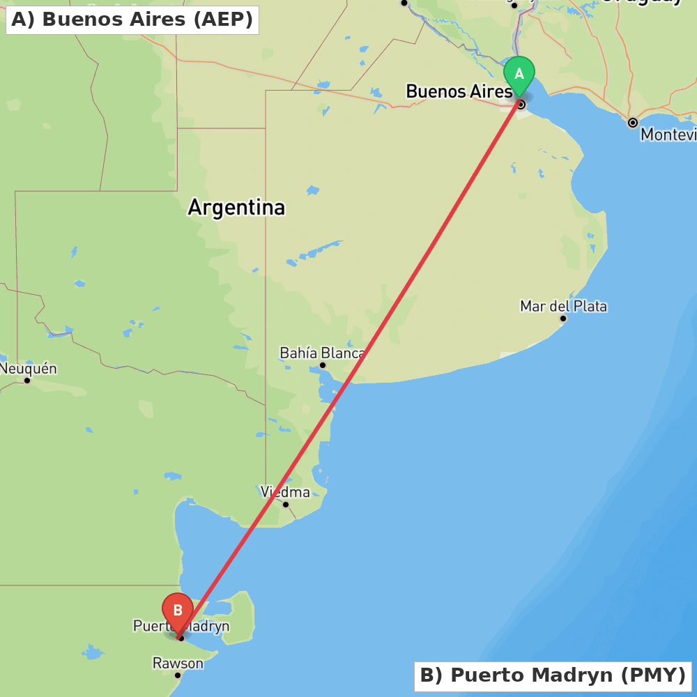 Flight route map from Buenos Aires to Puerto Madryn