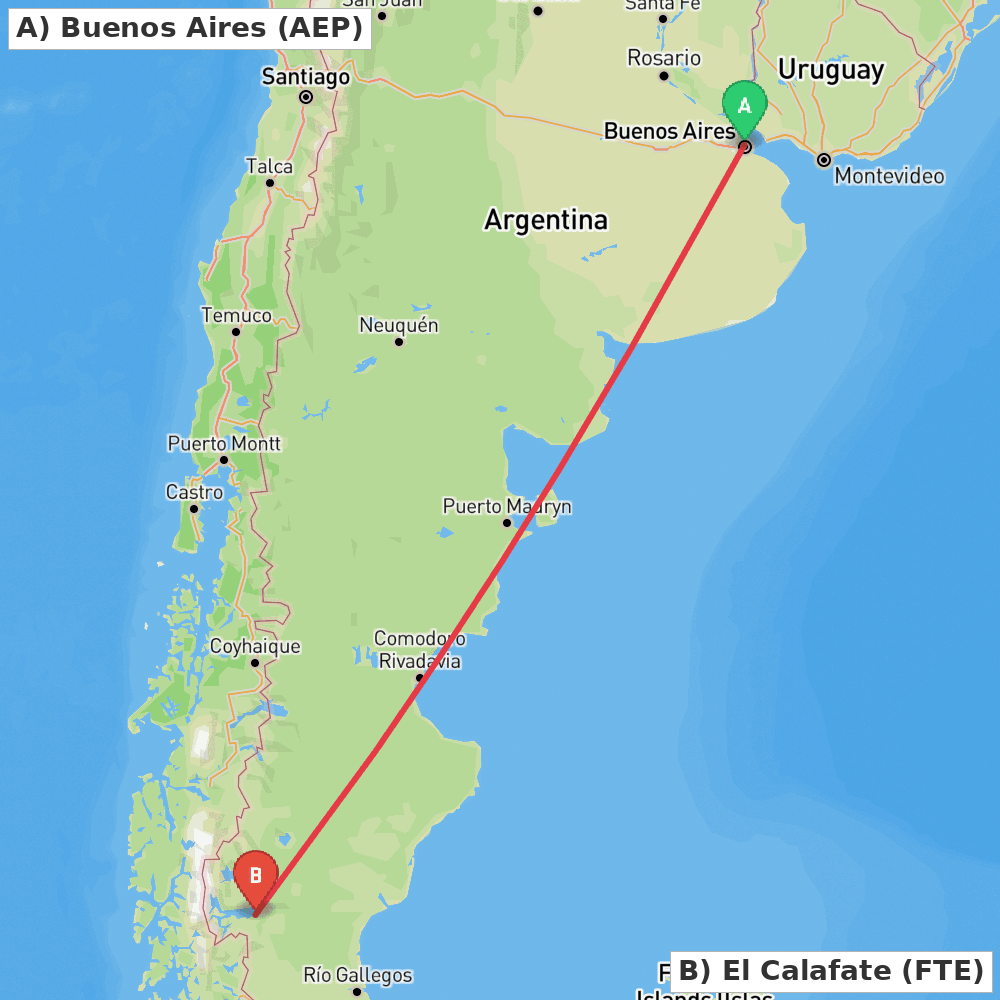 Flight route map from Buenos Aires to El Calafate