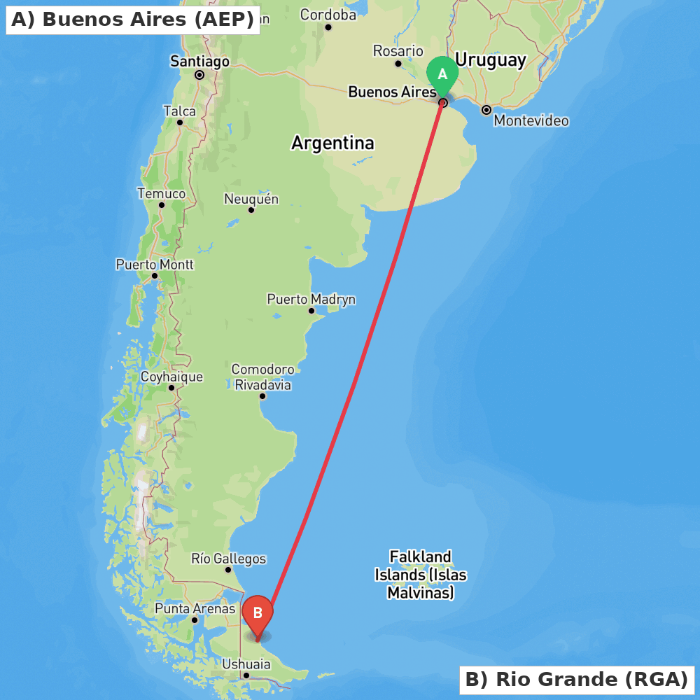 Flight route map from Buenos Aires to Rio Grande