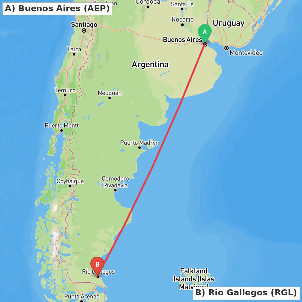 Flight route map from Buenos Aires to Rio Gallegos