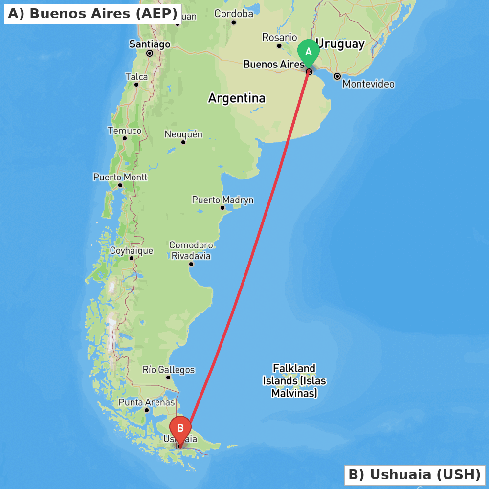 Flight route map from Buenos Aires to Ushuaia