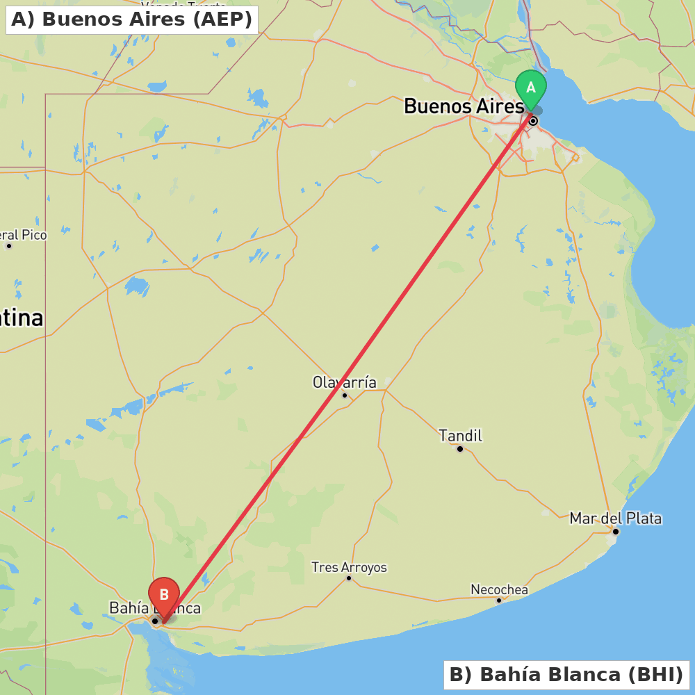 Flight route map from Buenos Aires to Bahía Blanca