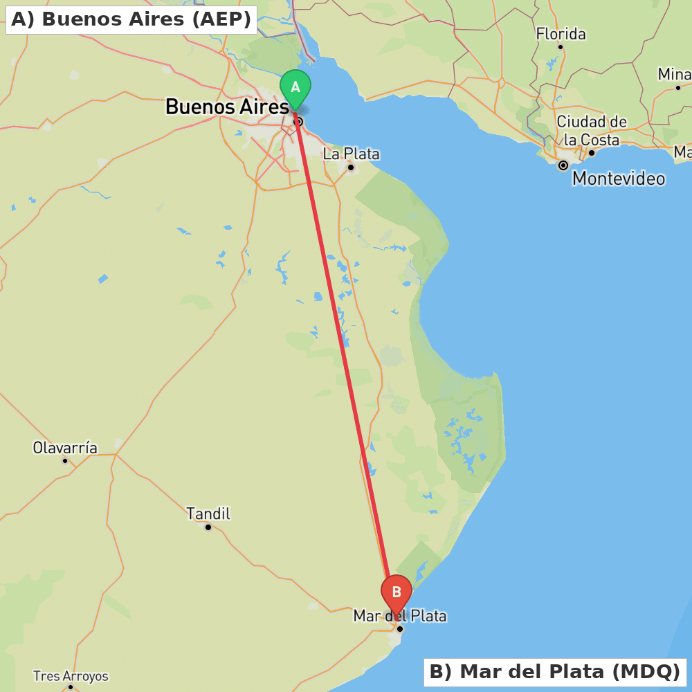 Flight route map from Buenos Aires to Mar del Plata