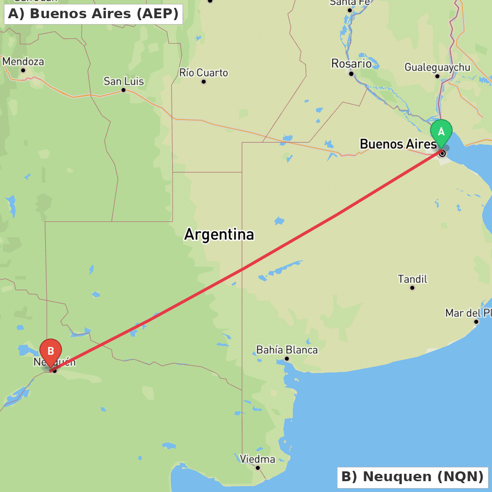 Flight route map from Buenos Aires to Neuquen