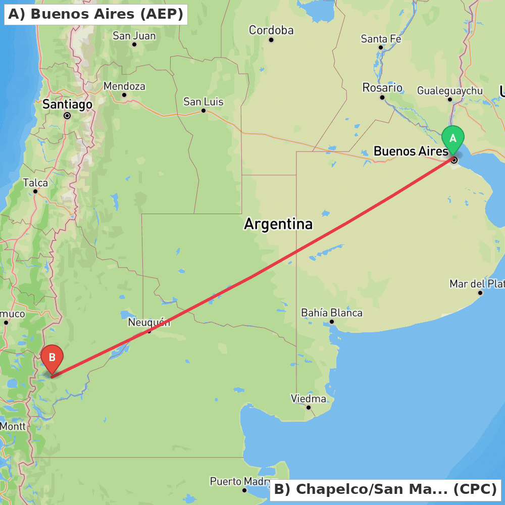 Flight route map from Buenos Aires to Chapelco/San Martin de los Andes