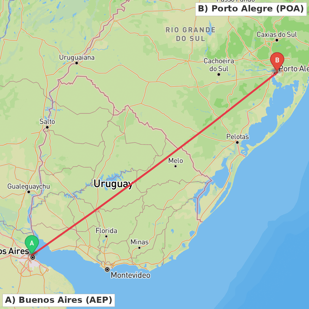 Flight route map from Buenos Aires to Porto Alegre