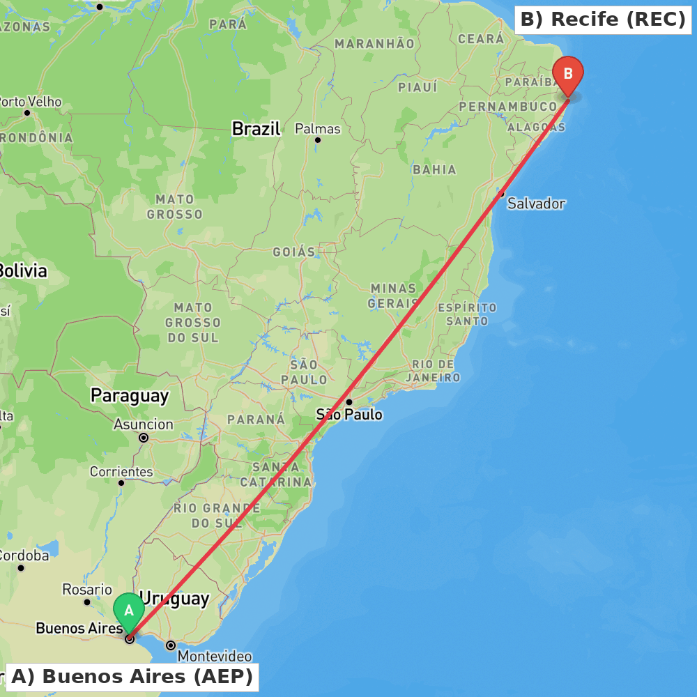 Flight route map from Buenos Aires to Recife
