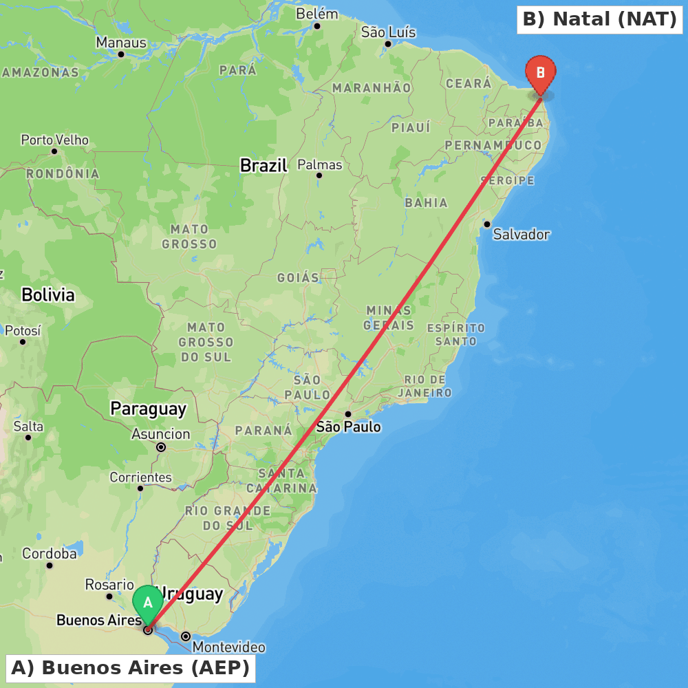 Flight route map from Buenos Aires to Natal