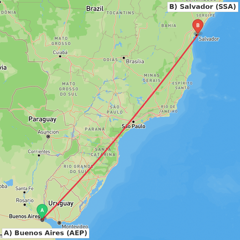Flight route map from Buenos Aires to Salvador