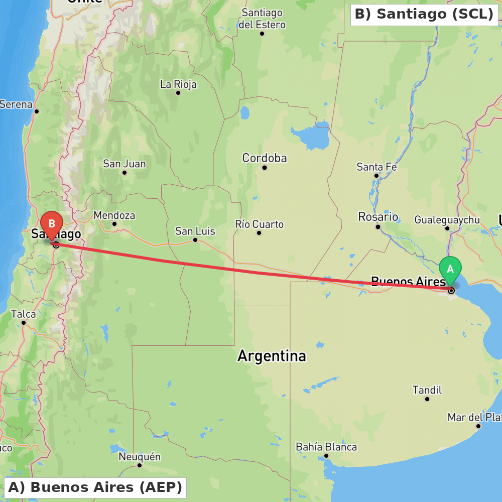 Flight route map from Buenos Aires to Santiago