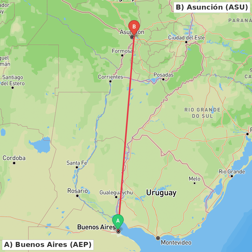 Flight route map from Buenos Aires to Asunción