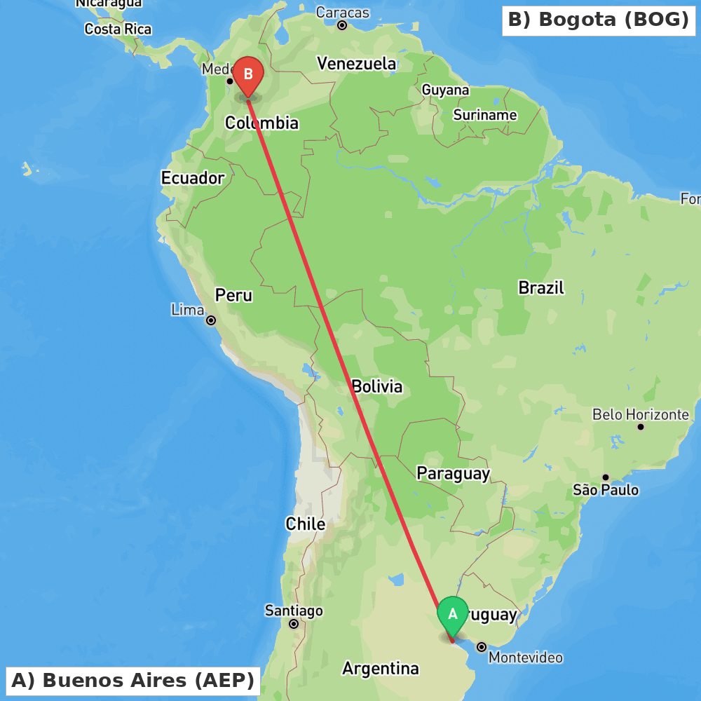 Flight route map from Buenos Aires to Bogota