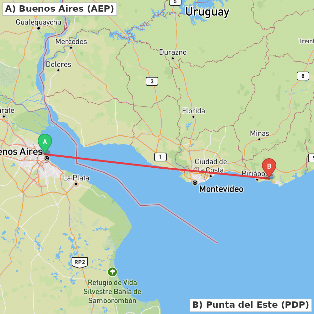 Flight route map from Buenos Aires to Punta del Este