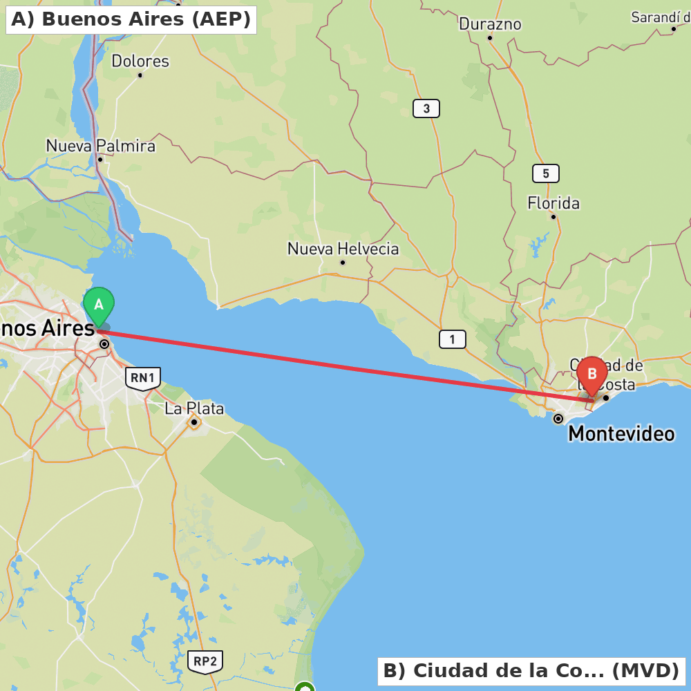 Flight route map from Buenos Aires to Ciudad de la Costa