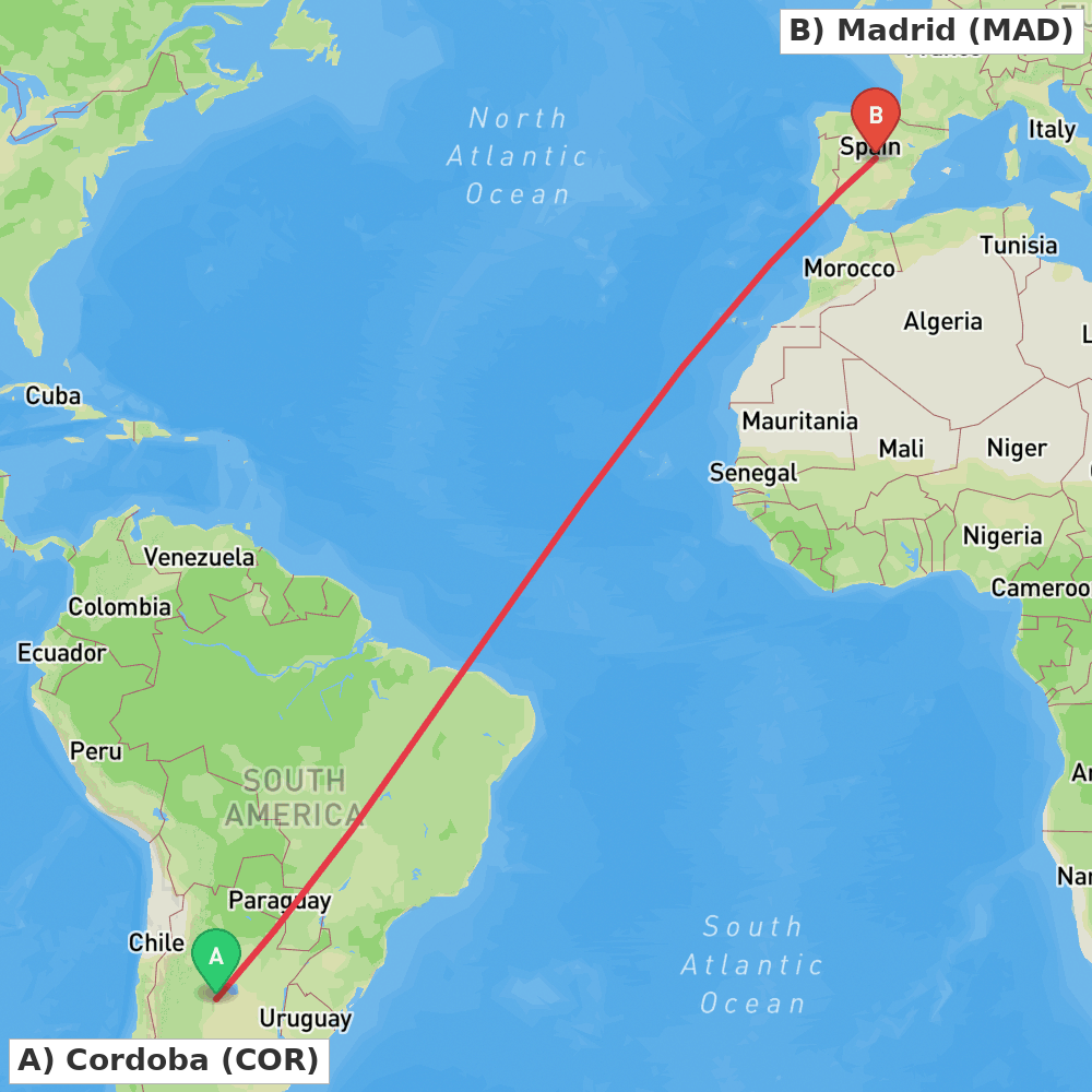 Flight route map from Cordoba to Madrid