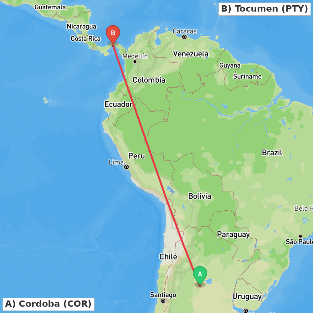 Flight route map from Cordoba to Tocumen