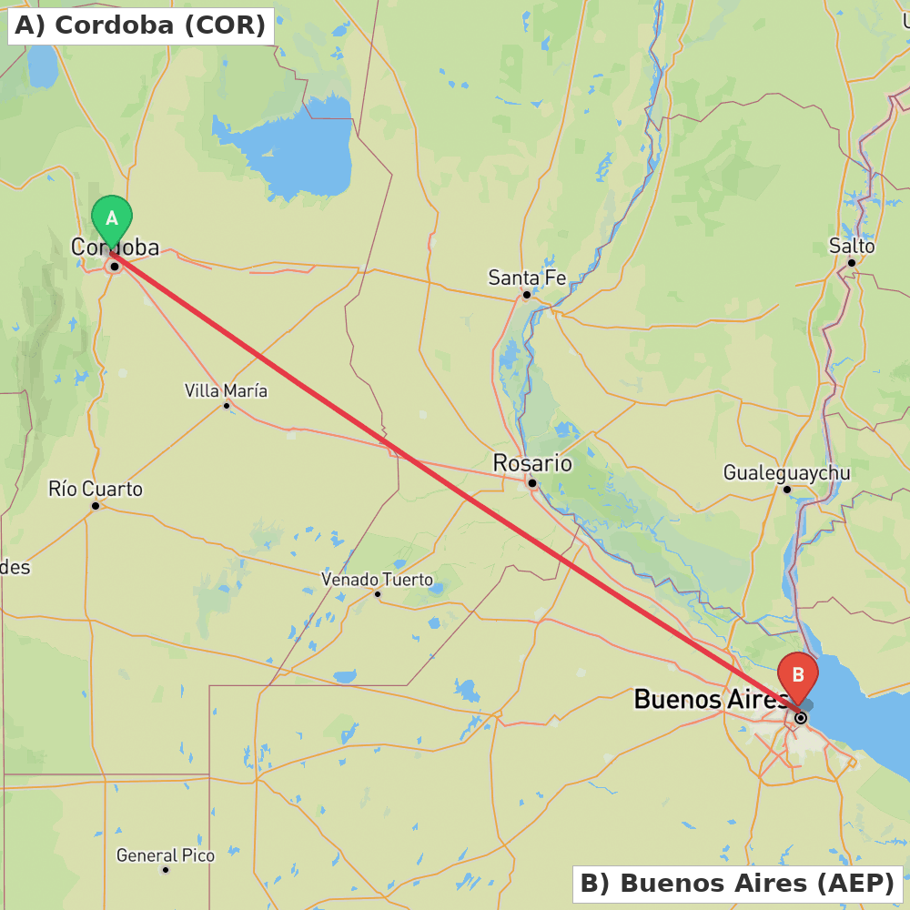 Flight route map from Cordoba to Buenos Aires