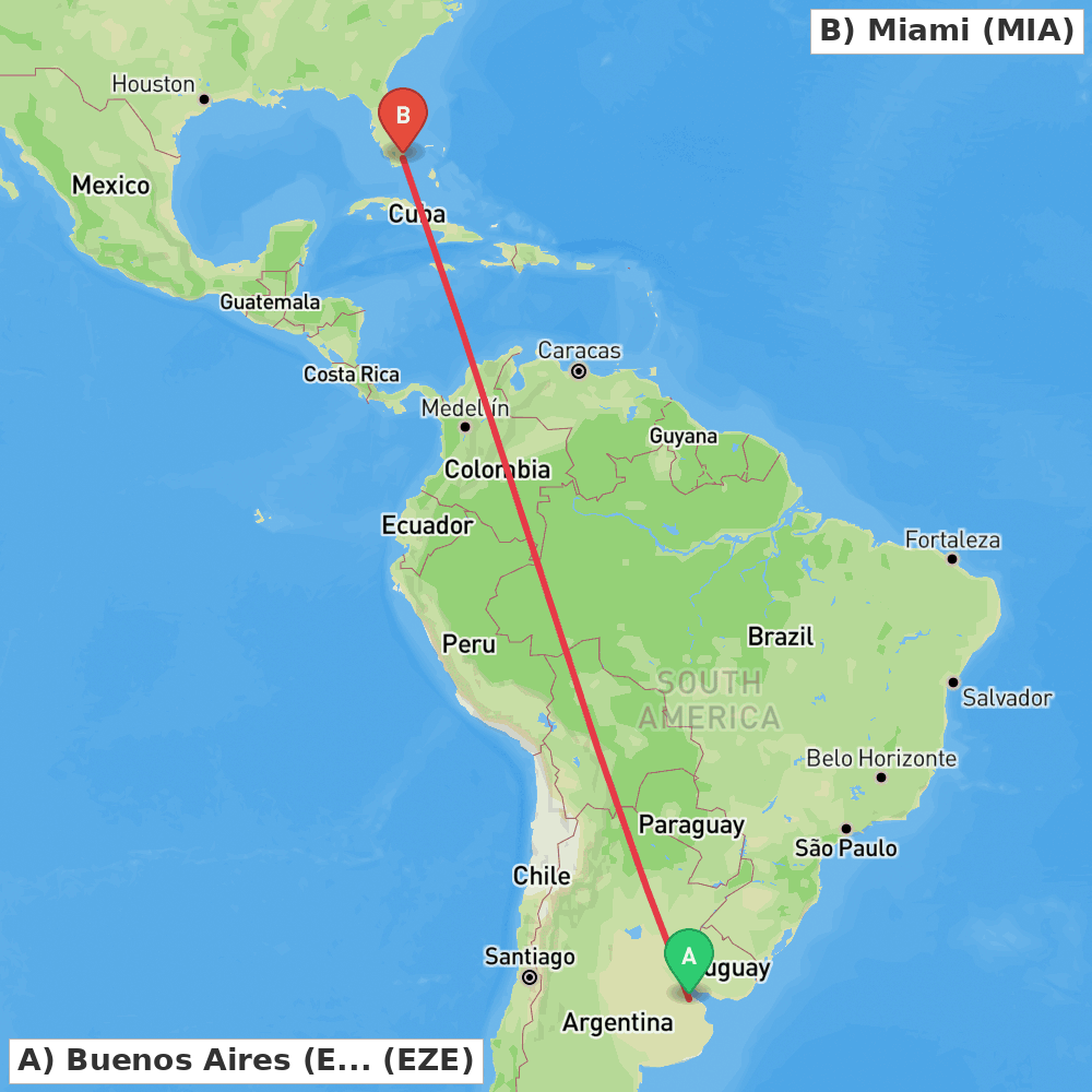 Flight route map from Buenos Aires (Ezeiza) to Miami