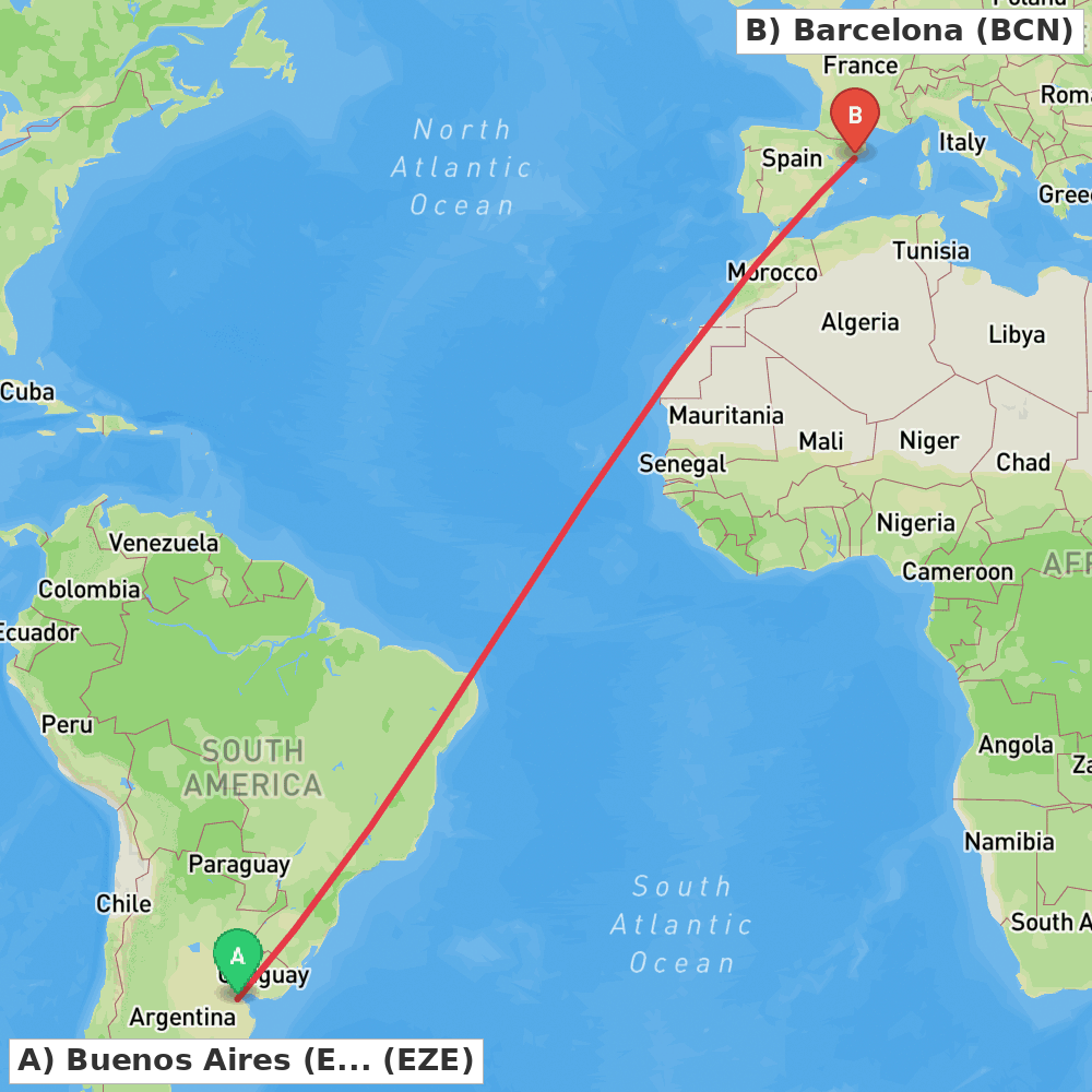 Flight route map from Buenos Aires (Ezeiza) to Barcelona