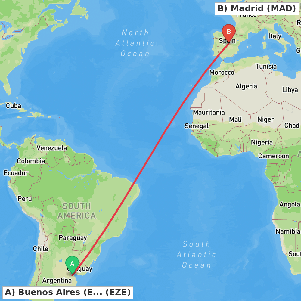 Flight route map from Buenos Aires (Ezeiza) to Madrid