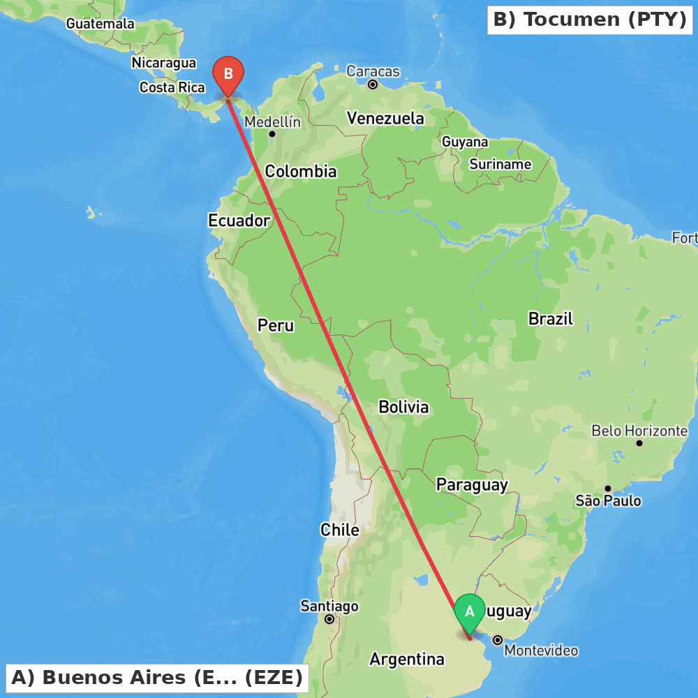 Flight route map from Buenos Aires (Ezeiza) to Tocumen