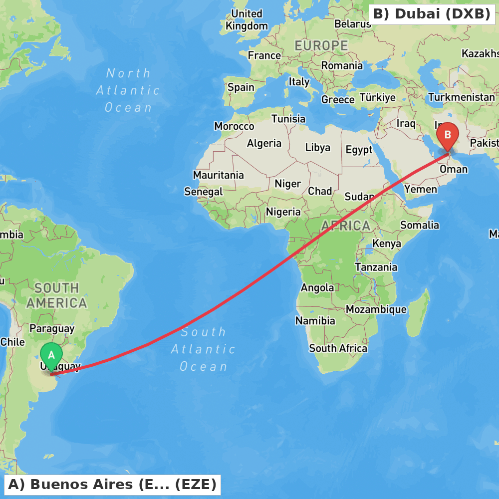 Flight route map from Buenos Aires (Ezeiza) to Dubai