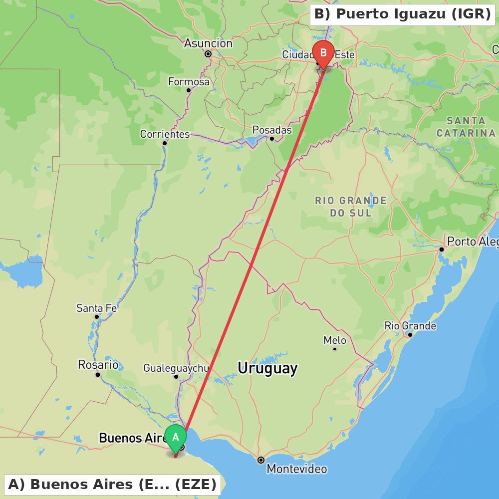 Flight route map from Buenos Aires (Ezeiza) to Puerto Iguazu