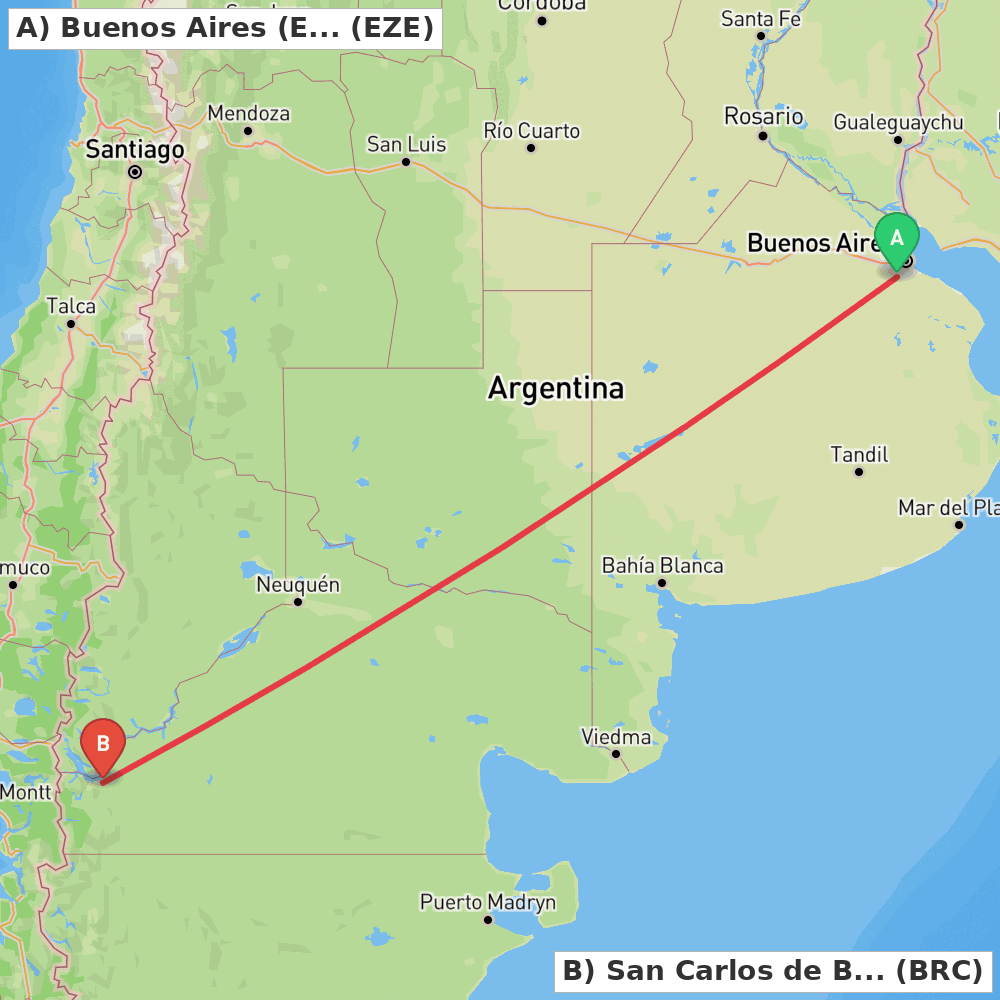 Flight route map from Buenos Aires (Ezeiza) to San Carlos de Bariloche
