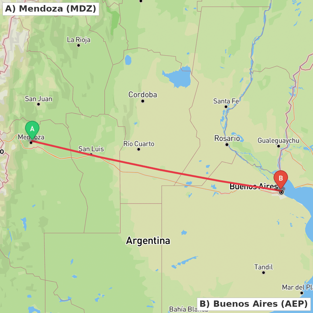 Flight route map from Mendoza to Buenos Aires
