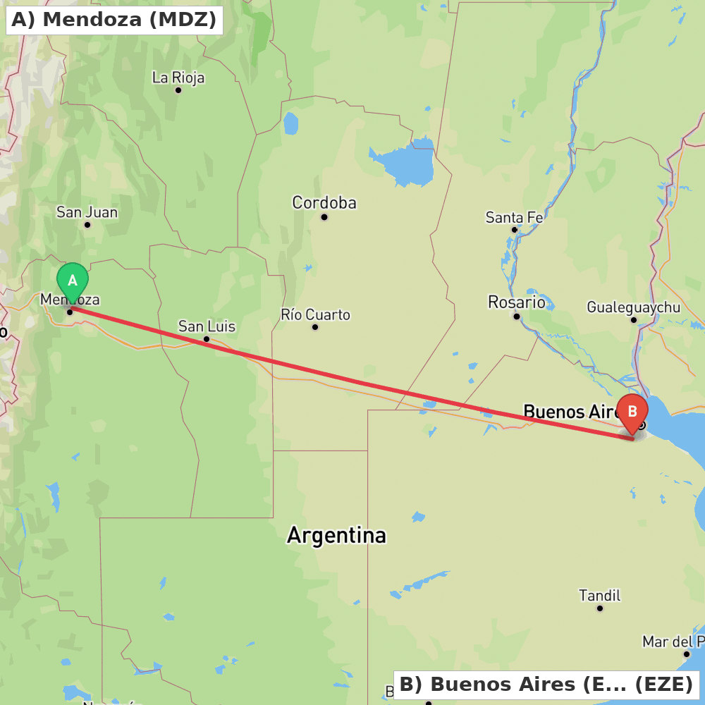 Flight route map from Mendoza to Buenos Aires (Ezeiza)
