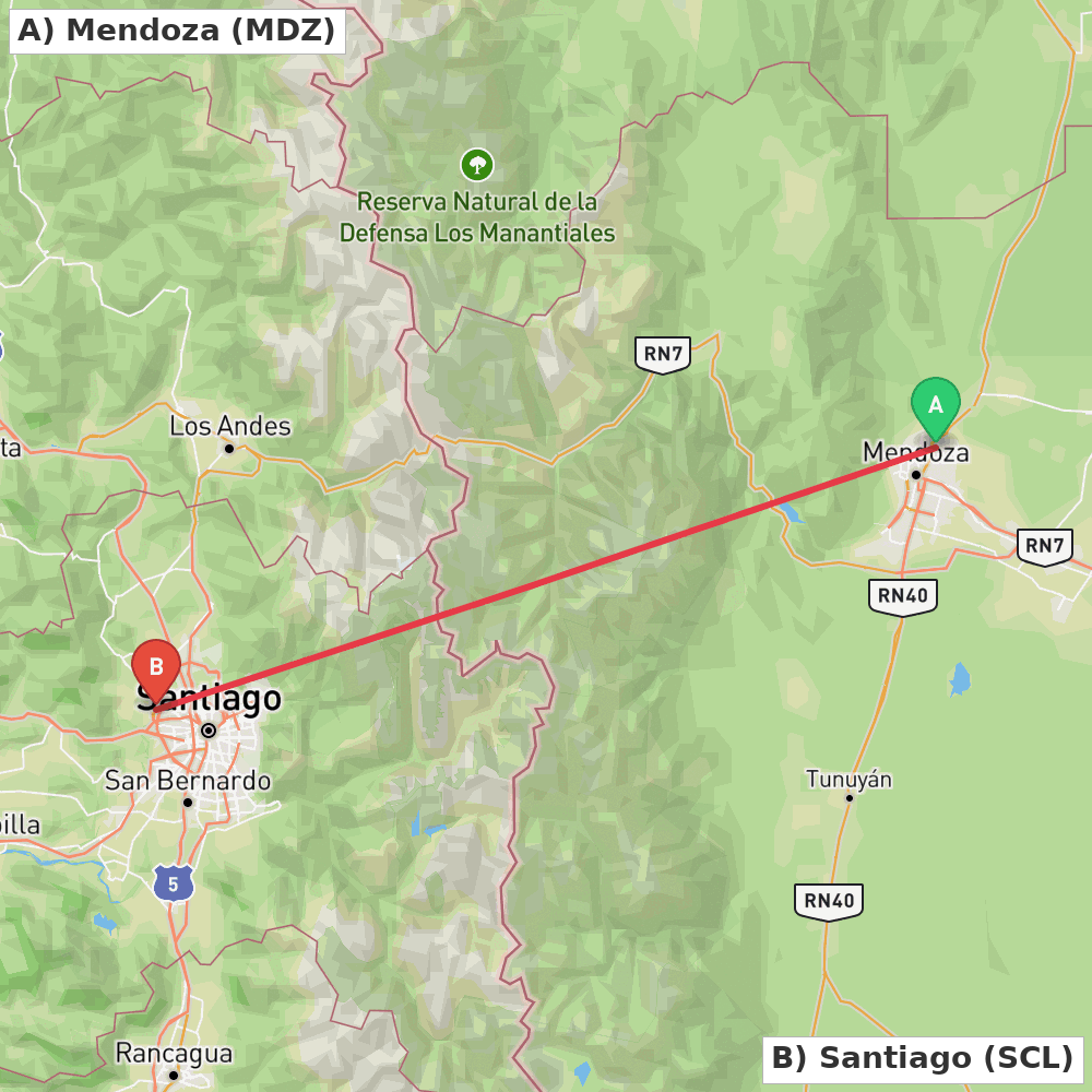 Flight route map from Mendoza to Santiago
