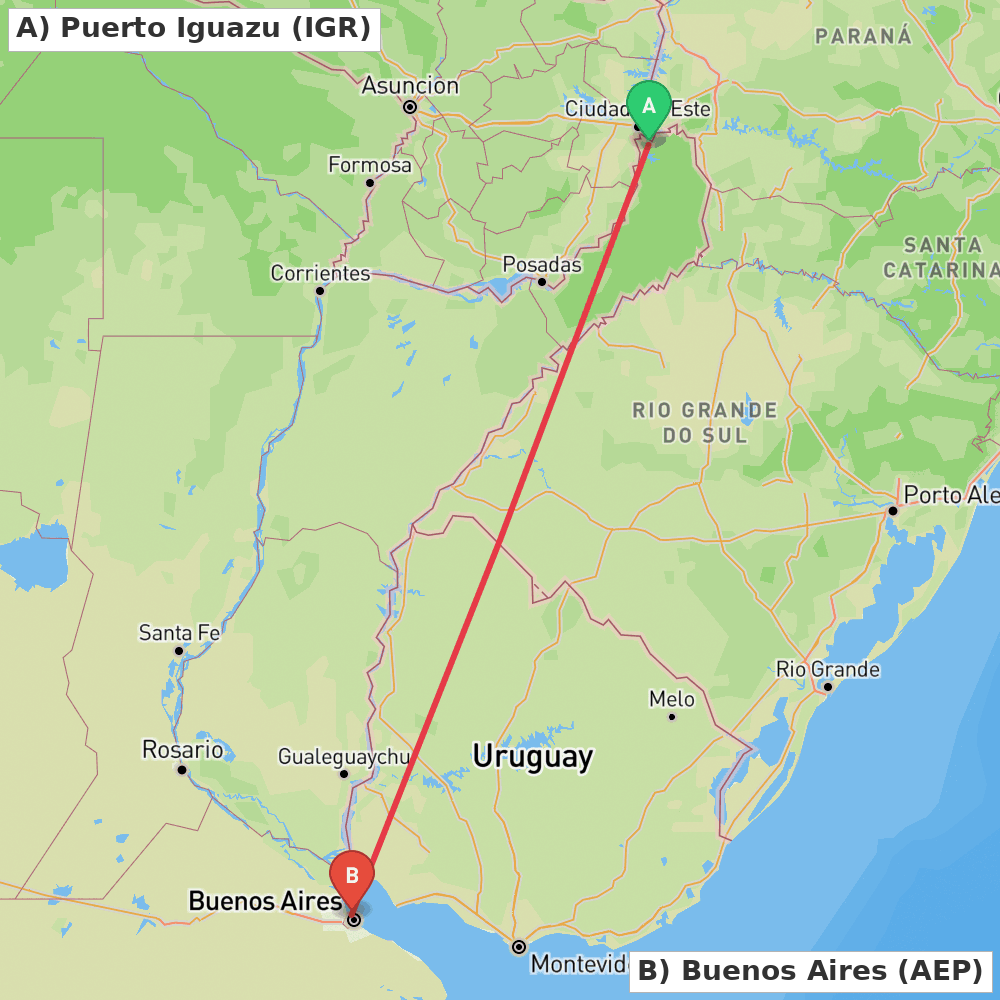 Flight route map from Puerto Iguazu to Buenos Aires