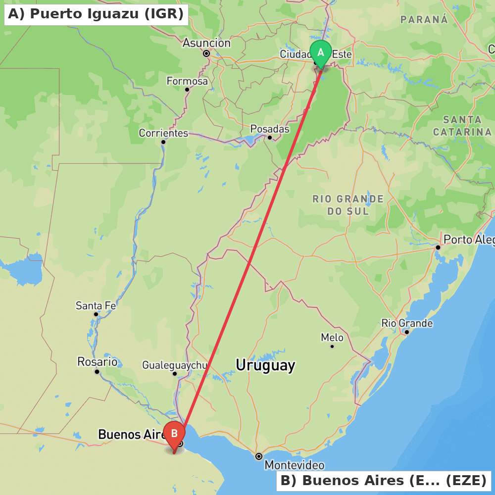 Flight route map from Puerto Iguazu to Buenos Aires (Ezeiza)
