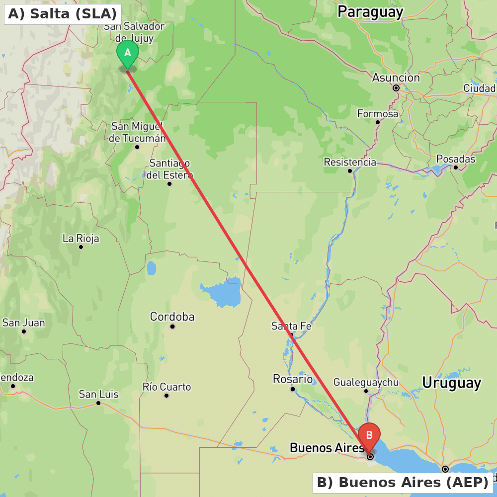 Flight route map from Salta to Buenos Aires