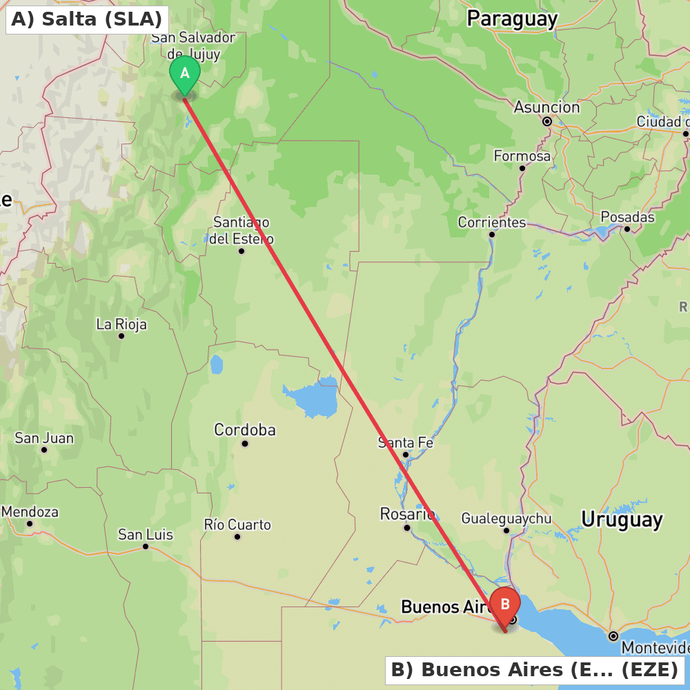 Flight route map from Salta to Buenos Aires (Ezeiza)