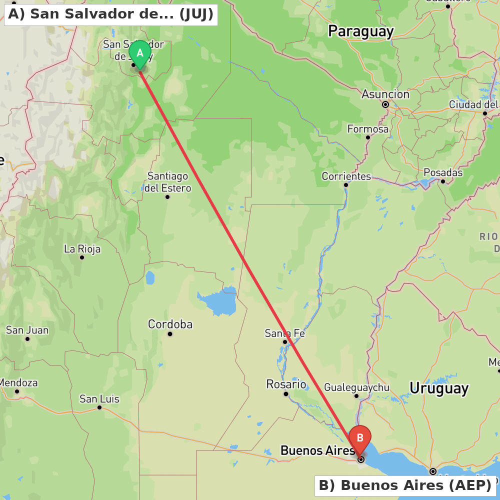 Flight route map from San Salvador de Jujuy to Buenos Aires