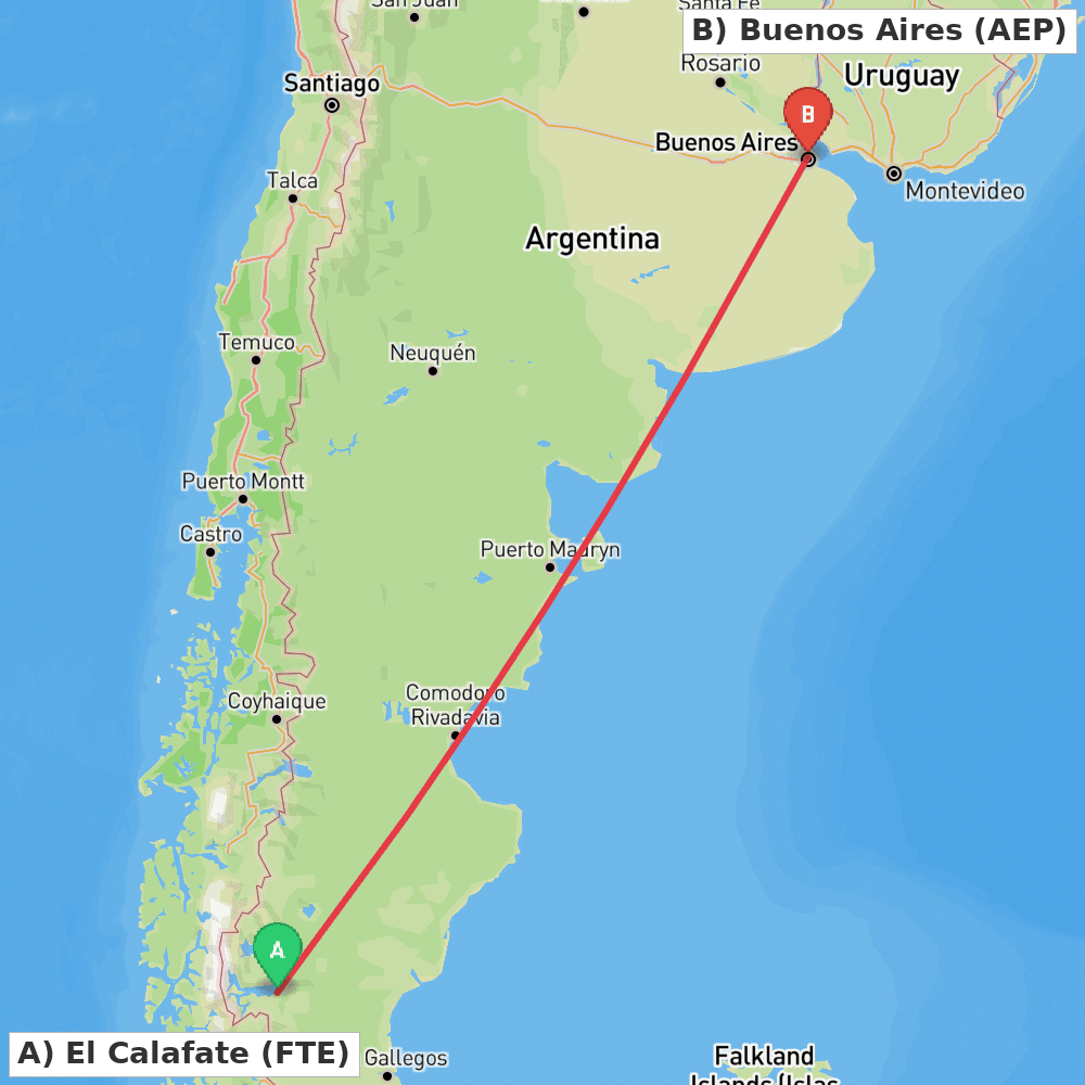 Flight route map from El Calafate to Buenos Aires