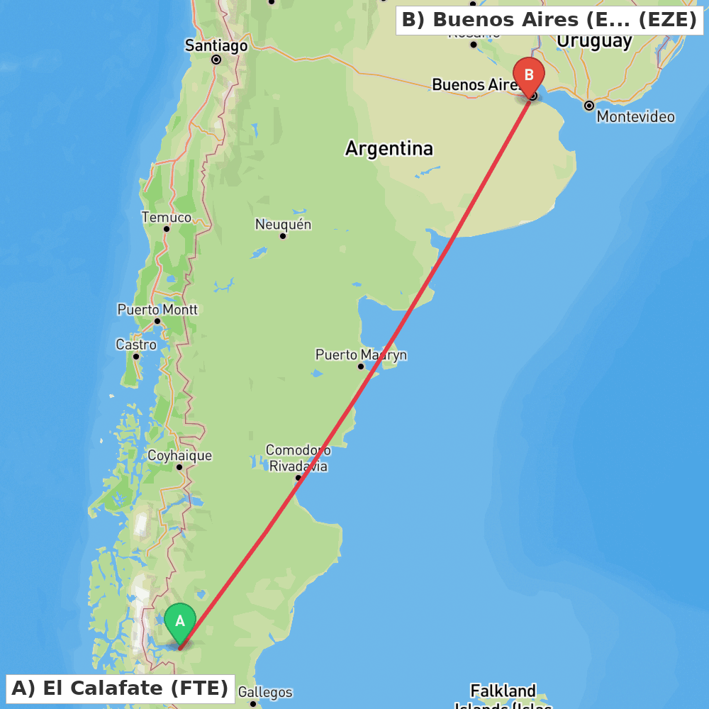 Flight route map from El Calafate to Buenos Aires (Ezeiza)